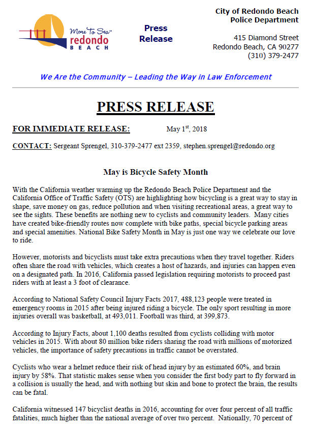 May is Bicycle Safety Month – RBPD Press Release – 05/01/18